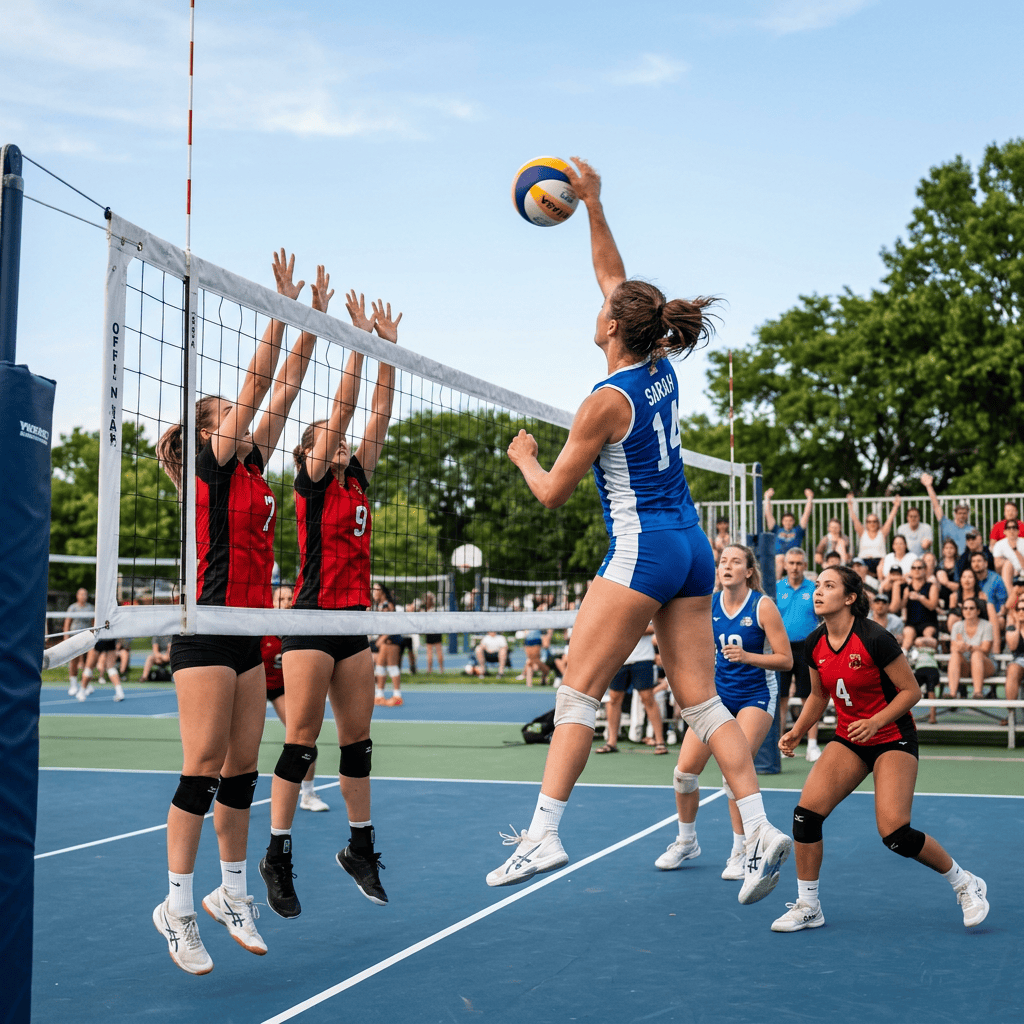 Volleyball player in blue spikes the ball past two red-shirted blockers